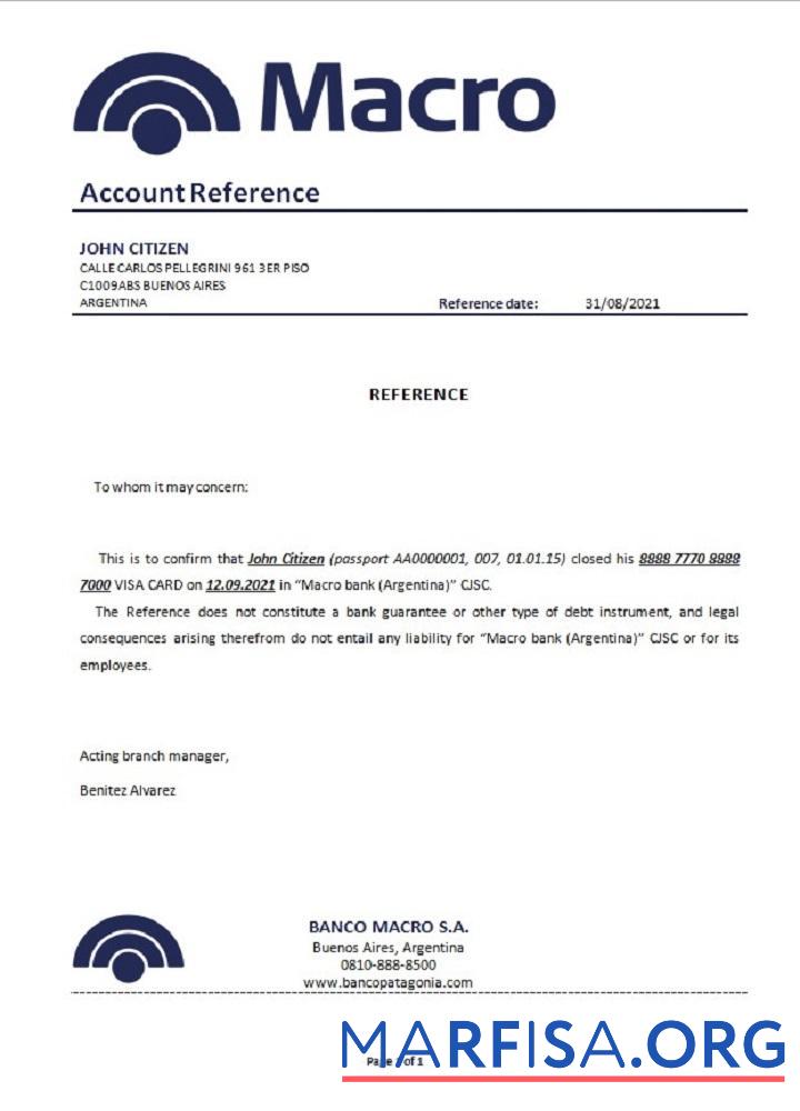 Downloadable Argentina Banco Macro closure reference real example